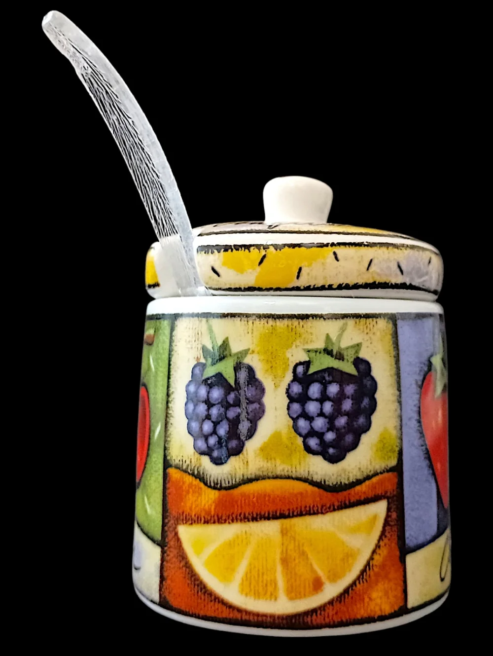 Vintage MSC Joie De‎ Vivre Ceramic Jam Jelly Jar Lid Spoon Fruit Confiture Pot
